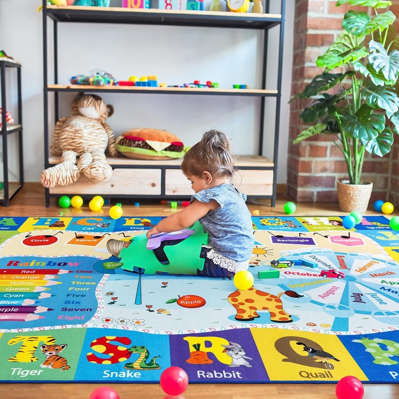 B BENRON Kids Rugs for Playroom Washable, Educational and Fun Learning Rugs with ABC Alphabet Animals Shapes, Baby Toddler Children's Play Mat for Bedroom Classroom Nursery, 3x5 Feet, Blue - Image 4